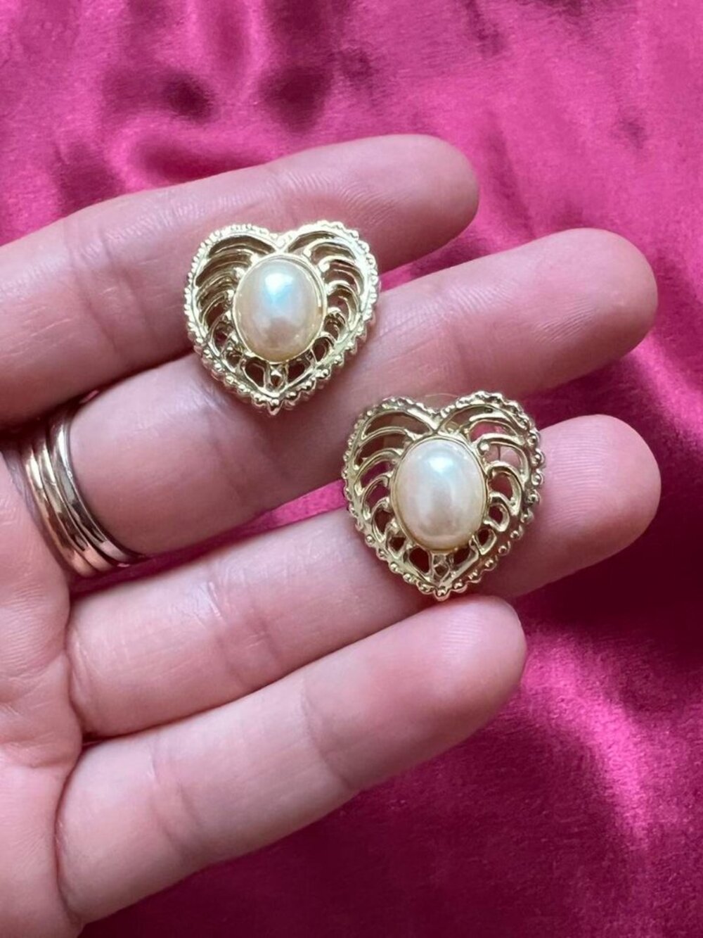 Gold Tone Heart Stud Earrings with Faux Pearl